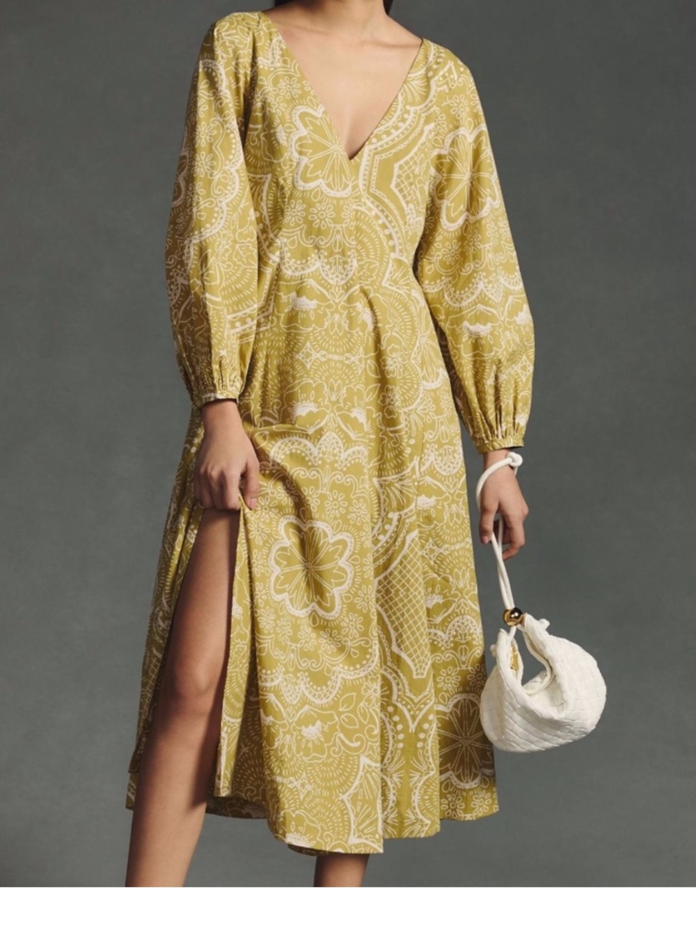 By Anthropologie V-Neck Olive Green Printed Midi Dress - Picture 9 of 9